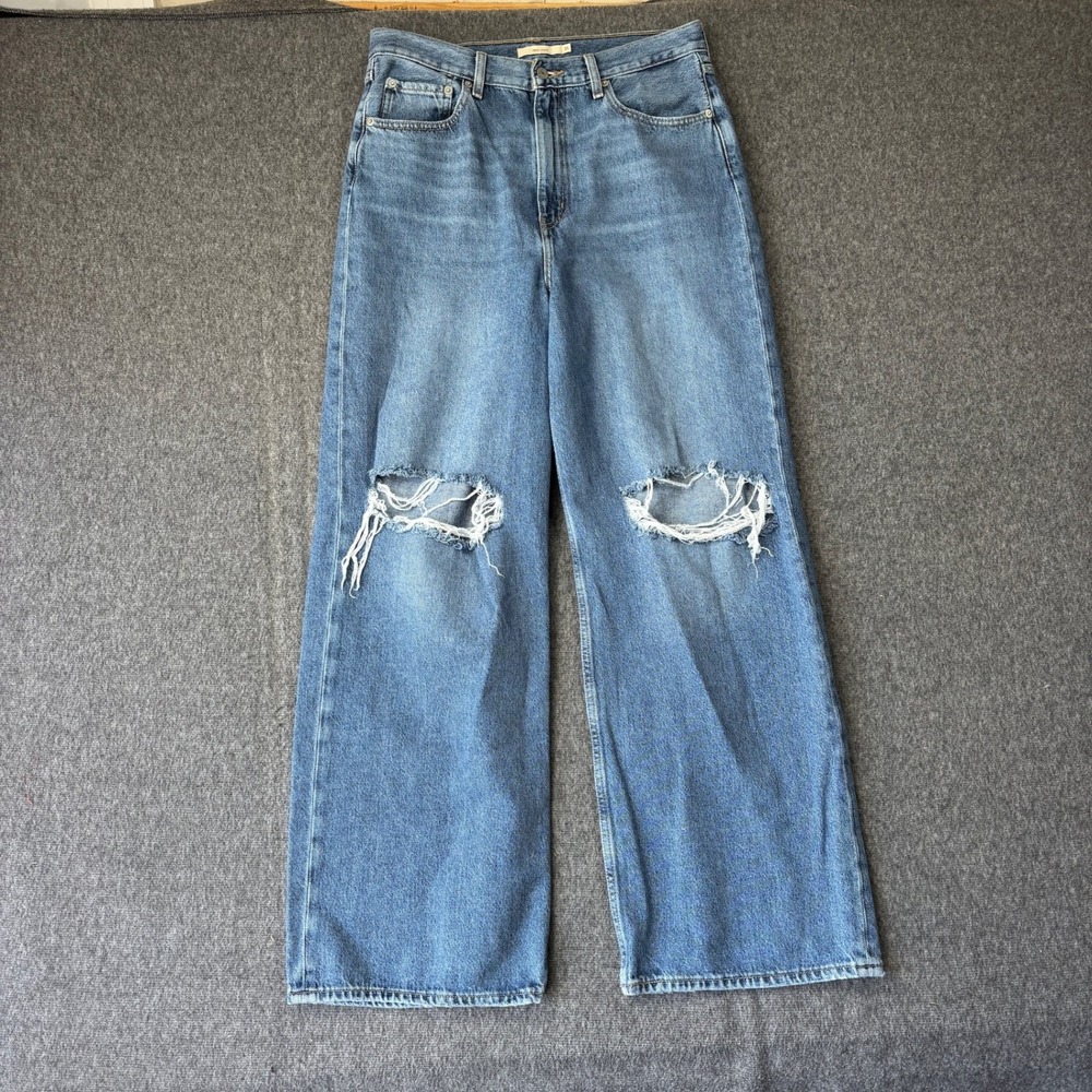 Levis High Loose Distressed Wide Leg Jeans Medium Wash Blue Denim Size 31